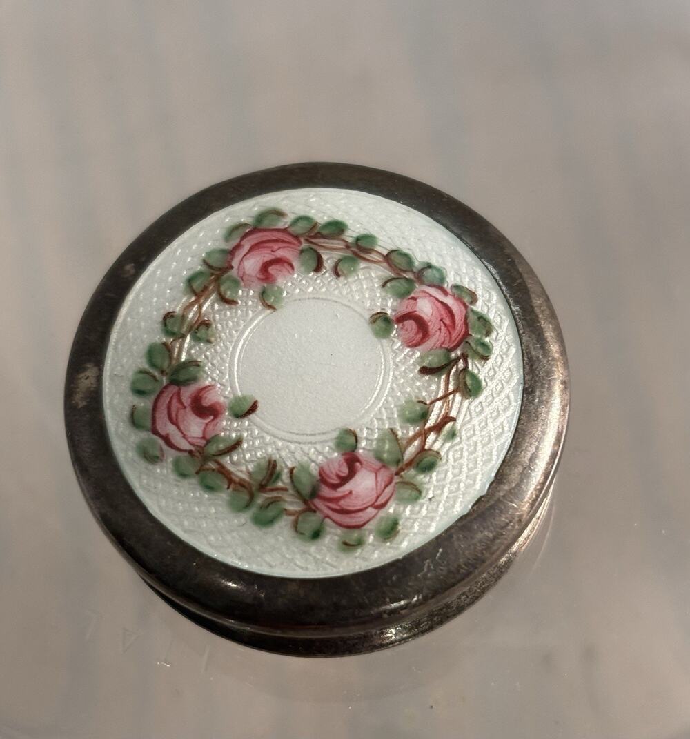 Vintage Wells Sterling White/Pink Roses Guilloche Enamel PILL BOX dated 12/2/50